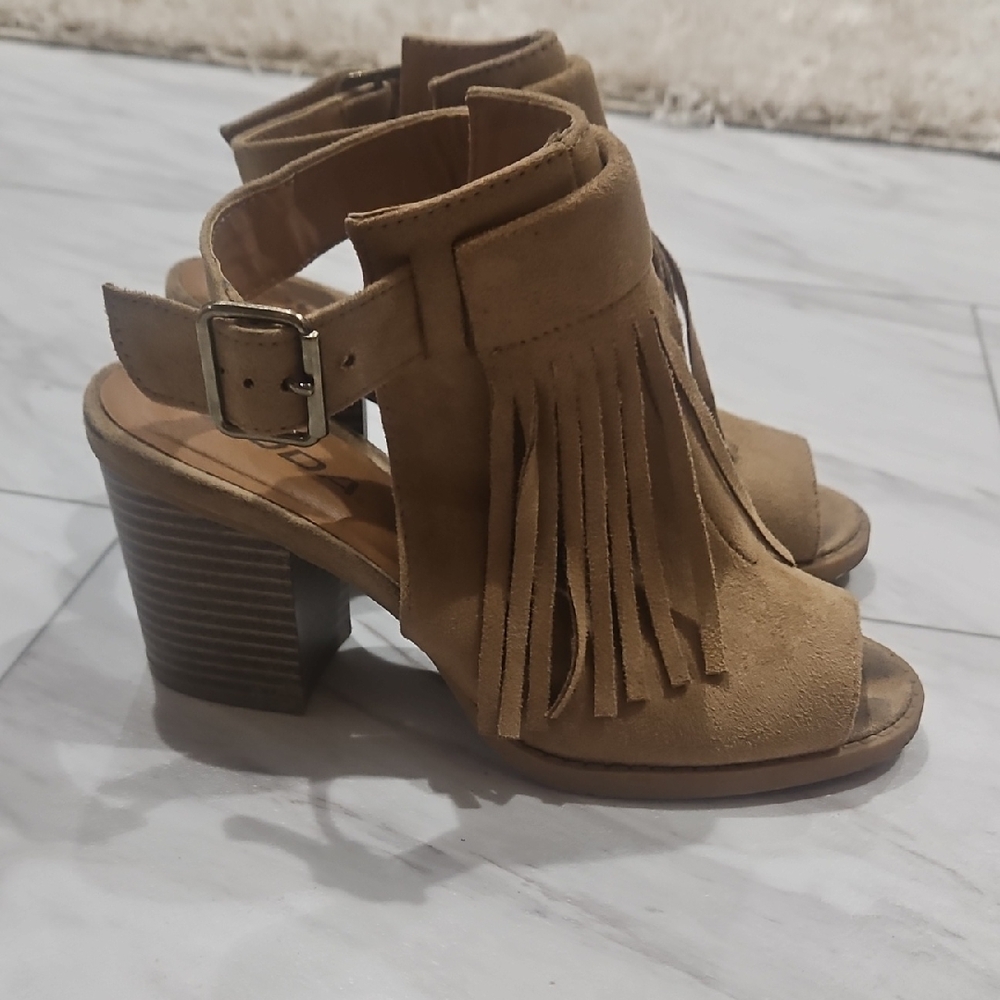 Tan Fringe Block Heels